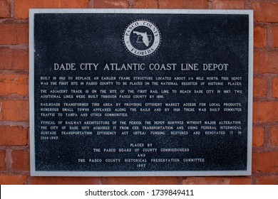 Dade City, Florida / USA - May 23 2020: Dade City Atlantic Coast Line Train Depot Historical Sign 