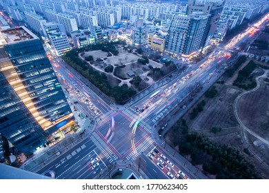 Daejeon, South Korea - June 2017 : Timelapse Shot Of Intersection. Showing Busy City Life. South Korea.