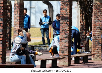 Daejeon/Korea - April 13, 2019: This is a photo of a volunteer bench painting by Chungnam National University Baekma Volunteer Group. - Shutterstock ID 1697097232