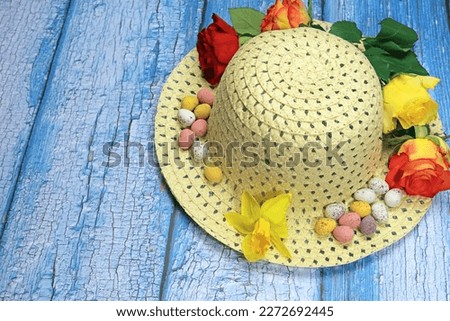 A Daffodil Flower On An Easter Bonnet Resting On A Rustic Wooden Surface