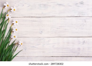 Daffodils Flowers On Wooden Background, Copy Space