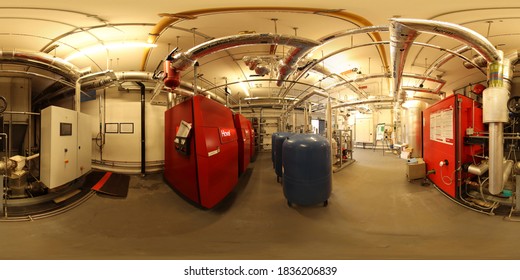 Dagenham UK, 19th Oct 2020: 360 Degree full sphere panoramic photo of a modern boiler control room in a basement