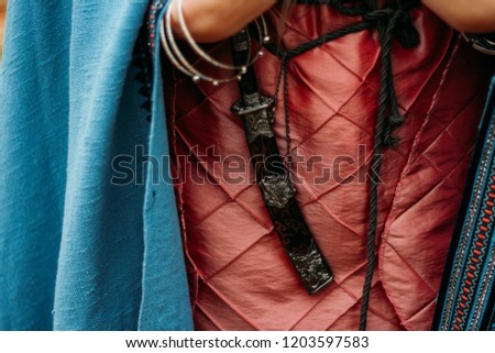 the dagger in the sheath hangs on the belt of a girl in a pink dress, with a blue cape.weapon, self-defense in antiquity.