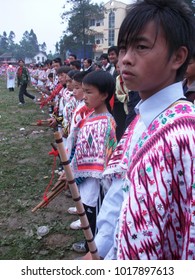 Daguan, Zhaotong, China - 06/16/2010: Miao Boys Assemble With Lusheng On Flower Mountain Festival