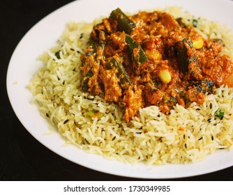 Dahi Bhindi And Jeera Rice,A Tangy Okra Dish With Fried Rice.