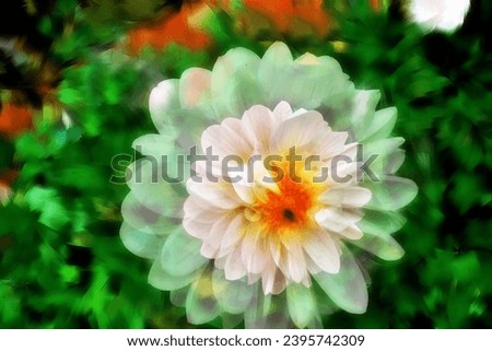 Dahlia flower, white, pink, on impressionistic texture background, impressionistic multi-shot effects, diffuser filter,