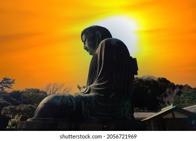 Daibutsu or Great Buddha of Kamakura. The Monumental bronze statue of the Great Buddha in Kamakura, Japan