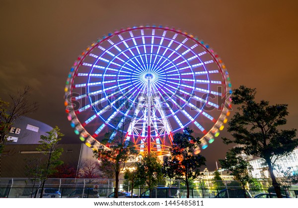 Daikanransha also called Giant Sky Wheel in\
Palette Town at night It is the third tallest Ferris wheel ever\
constructed in Japan. Odaiba, Tokyo,\
Japan.
