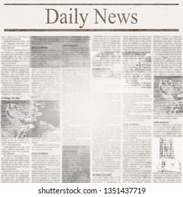 Daily News Newspaper With Headline And Old Unreadable Text. Vintage Grunge Blurred Paper Texture Square Background. Textured Template Page. Gray Beige White Collage.