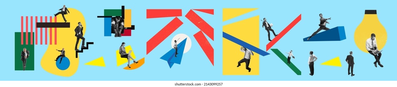 Daily working routine. Creative contemporary collage made of shots of young men, managers working hardly isolated over blue background. Concept of business lifestyle, finance, career, vintage gadgets - Shutterstock ID 2143099257