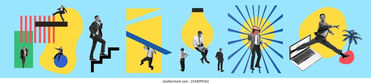 Daily working routine. Creative contemporary collage made of shots of young men, managers working hardly isolated over blue background. Concept of business lifestyle, finance, career, vintage gadgets