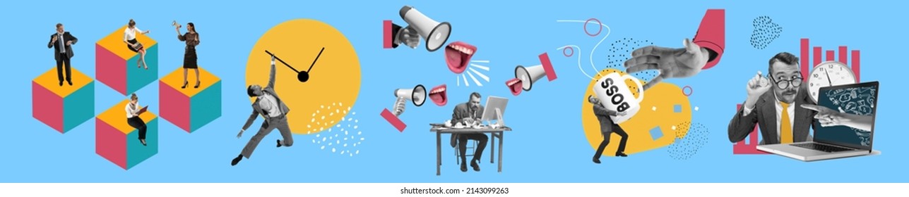 Daily working routine. Creative contemporary collage made of shots of young men, managers working hardly isolated over blue background. Concept of business lifestyle, finance, career, vintage gadgets - Shutterstock ID 2143099263