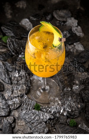 Daiquiri or bianco. Orange drink. Alcoholic or non-alcoholic cocktail. Menu for a pub, nightclub, or bar.