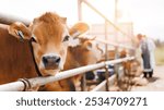 Dairy farm livestock agriculture industry banner. Portrait cow red jersey with automatic collar stand in stall eating hay