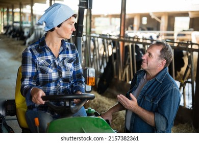 Dairy Farm Workers Standing Near Tractor, Communicating During Break In Work