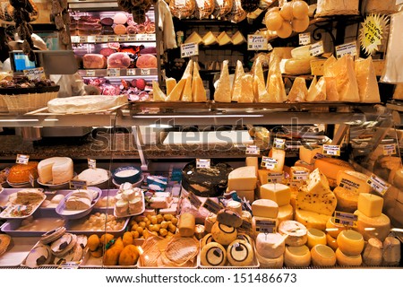 Dairy and meat products. Milk and meat market. Italy.