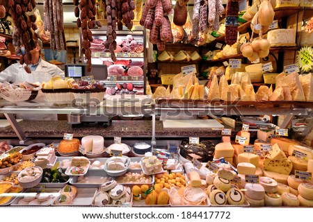 Dairy and meat products. Milk and meat market.
