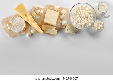 Dairy Products On White Background, Top View