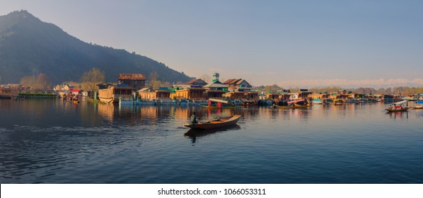 Dal Lake, City of water at Kashmir. Lifestyle of people transportation around Dal Lake city in the morning. Panorama of Dal lake city.