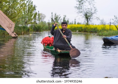 Dal lake, Srinagar, India dated 11.04.2019. Life at Dal lake- Srinagar, vendors selling  items in Shikara boat in morning glory.