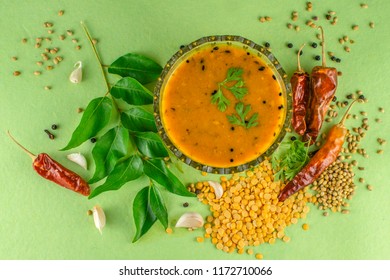 Dal Sambhar Or Dal Sambaar South Indian Sambar With Spices And Ingredients 