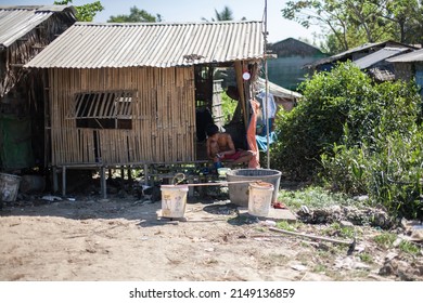 DALA, MYANMAR - FEB 28: Urban bamboo house at Dala Township, is located on the southern bank of Yangon river and still largely rural and undeveloped because lack of bridge from Yangon on Feb 28, 2015