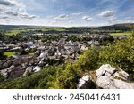 The Dales market town of Settle from Castlebergh Crag North Yorkshire, Yorkshire, England, United Kingdom, Europe