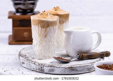 Dalgona whipped coffee with milk, trendy drink - Shutterstock ID 1781003012