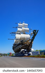 Dalian, China—July 8, 2019: Large-scale sailing boat in the tourist area of Dalian Jinshitan
