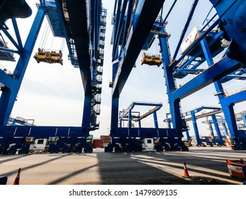 Dalian / China - July 22 2019 : Gantry Cranes in the Container Terminal