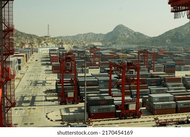 Dalian, Liaoning,China, May 17, 2019: Busy hour at Dalian Container Terminal.