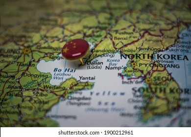 Dalian Pinned On A Map With Flag Of China