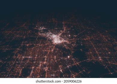 Dallas Aerial View At Night. Top View On Modern City With Street Lights. Satellite View With Glow Effect