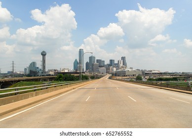Dallas City Highway With A View Of Downtown In Texas.