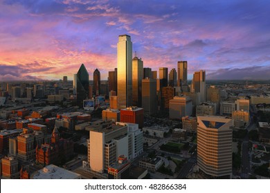 Dallas City Skyline at dusk, sunset, Texas downtown, business center. Commercial zone in big city. View from Reunion Tower.