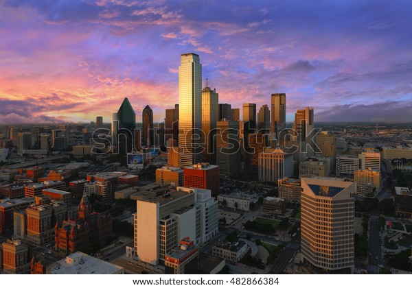 Dallas City Skyline at dusk, sunset, Texas\
downtown, business center. Commercial zone in big city. View from\
Reunion Tower.