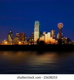 Dallas City Skyline At Night Shot Over The Trinity River