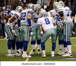 DALLAS - DEC 14: Taken In Texas Stadium On Sunday, December 14, 2008. Quarterback Tony Romo And The Dallas Cowboys In The Huddle In A Game Against The NY Giants.