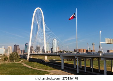 Dallas Downtown Skyline And Margaret Hut Hills Bridge From Continental Bridge Park, Texas