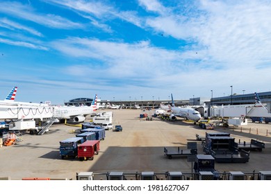 DALLAS FORT WORTH INTERNATIONAL AIRPORT, TEXAS, USA - APRIL 3, 2021: Ground operations at DFW, the largest hub for American Airlines and the fourth busiest airport in the world. 