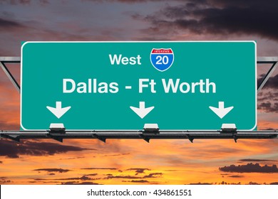 Dallas Ft Worth Interstate 20 West Highway Sign With Sunrise Sky.