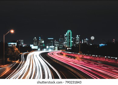 Dallas night skyline shot from a bridge on interstate. - Shutterstock ID 790231843