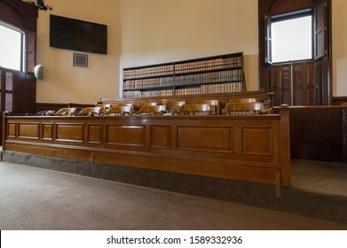 DALLAS, OREGON - MAY 11, 2015: Light From Open Windows Falls On The Jury Box In A Courtroom In The Polk County Courthouse