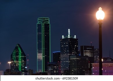 Dallas Skyline At Night With Lamp