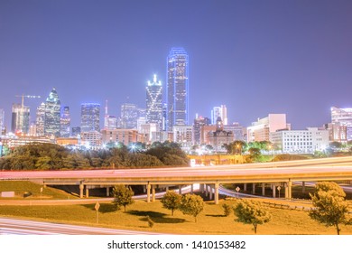 Dallas Skyline At Night Over Highway