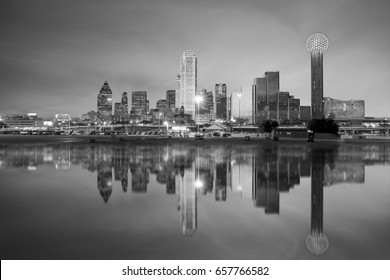 Dallas Skyline Reflected In Trinity River At Sunset, Texas