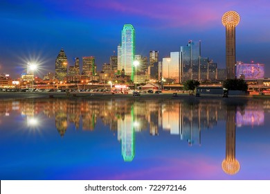 Dallas skyline reflected in Trinity River at sunset, Texas