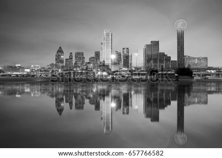 Dallas skyline reflected in Trinity river at sunset, Texas