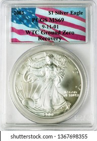 Dallas, Texas - April 12,2019 - A 2001 Silver Eagle Coin Recovered From The Rubble Of The World Trade Center 911 Ground Zero In The Basement Of Tower One In New York City. 