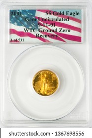 Dallas, Texas - April 12,2019 - A 2001 Gold  Eagle Coin Recovered From The Rubble Of The World Trade Center 911 Ground Zero In The Basement Of Tower One In New York City.